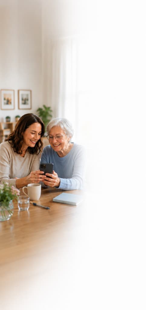 Angehörige und PflegeNest im vertrauensvollen Gespräch am Smartphone